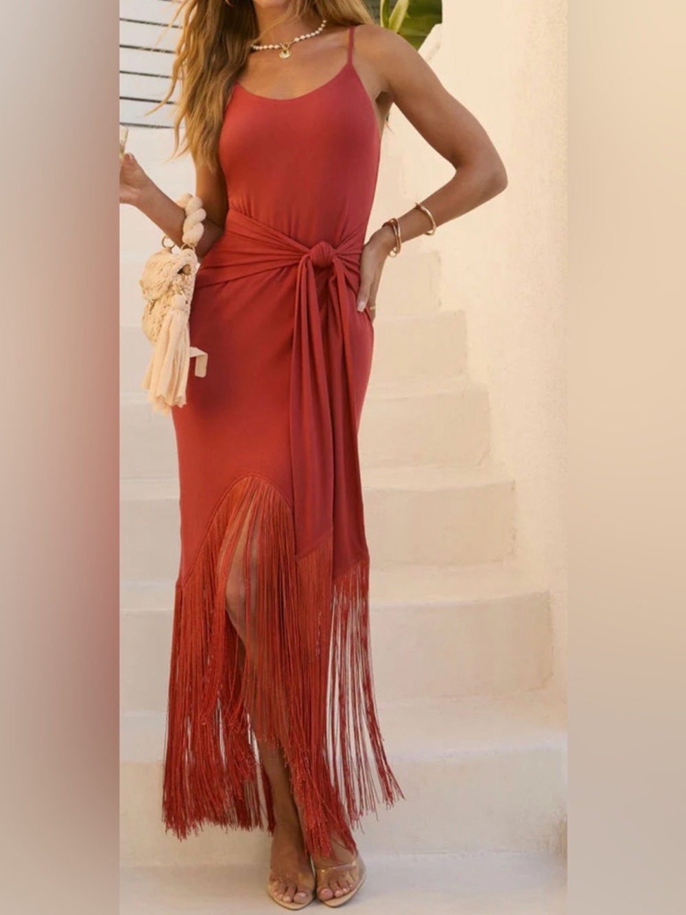 Vici Khloe Tie-Front Fringe Maxi Dress Fitted Bodycon feminine elegant classic